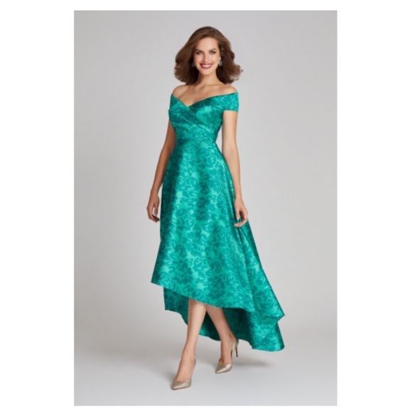 Teri Jon size 14 Teal Off-the-Shoulder High-Low Gown - Picture 1 of 4